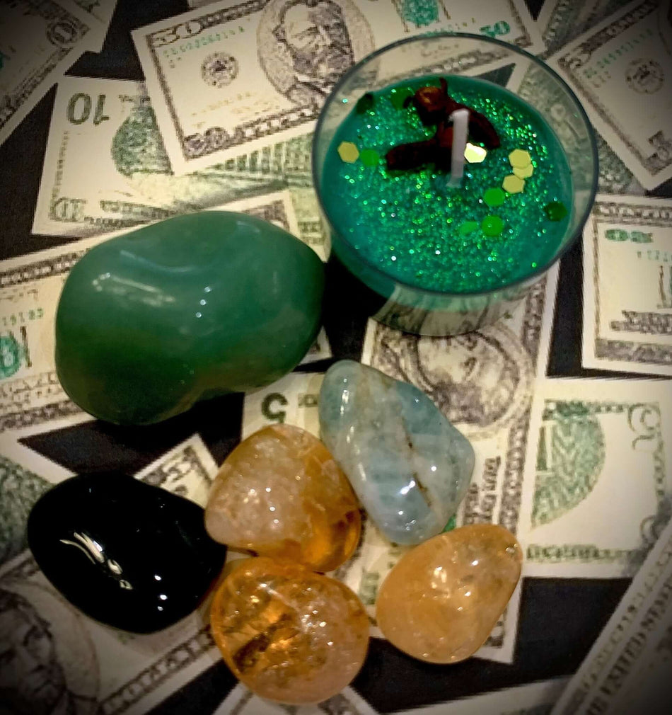 Faerie-Dust Inspiration Abundance and Riches Intention Gemstones & Crystals Mix, with Tealight Candle