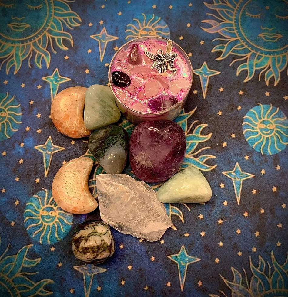 Faerie-Dust Inspiration Enlightenment & Empowerment Intention Gemstones & Crystals Mix, with Tealight Candle