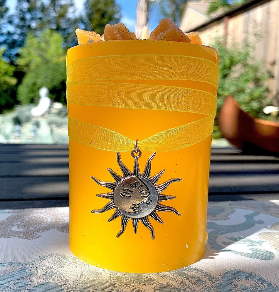 Faerie-Dust Inspiration SUN Pillar Candle With Citrine Crystals - 3" x 3"