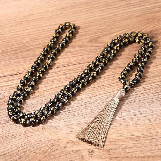 Faerie-Dust Inspiration 108 Mala Mantra Prayer Beads - Yoga Buddha Necklace, Natural Stone Obsidian, Engraved Mantra, Tassel Necklace - 6mm