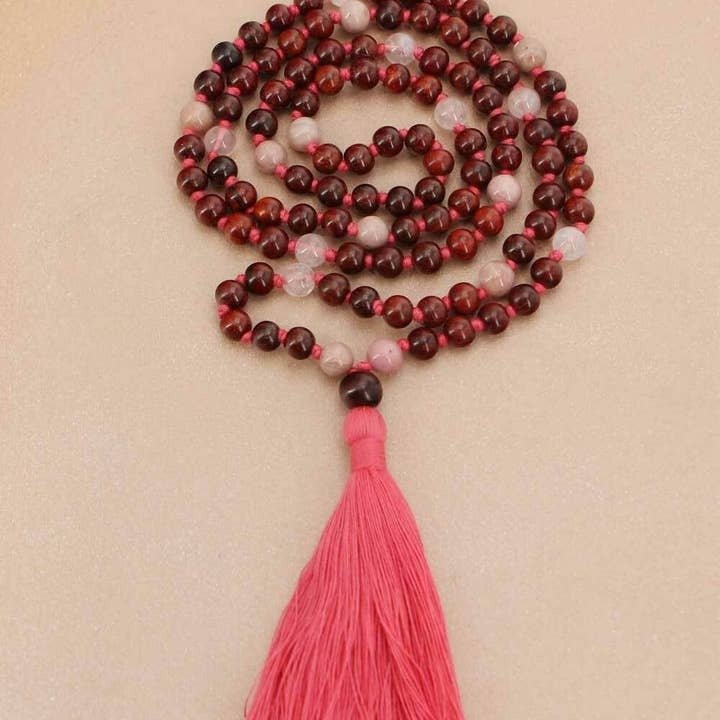 Faerie-Dust Inspiration Love and Compassion Rosewood Meditation Mala with Rose Quartz and Rhodonite - 6mm