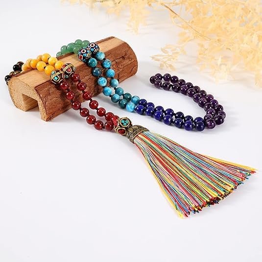 Faerie-Dust Inspiration 108 Mala Prayer Beads - Chakra Gemstones, Yoga Meditation, Hand Knotted, 8mm