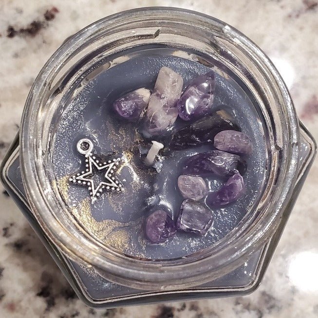 Faerie-Dust Inspiration Artemisa (Witches Brew) Soy Candle Collection with Amethyst Stones and Charm